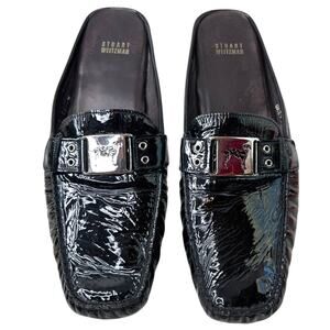 Stuart Weitzman Black Patent Leather Dog Horsebit Loafers Mules Slip-on W's 12M